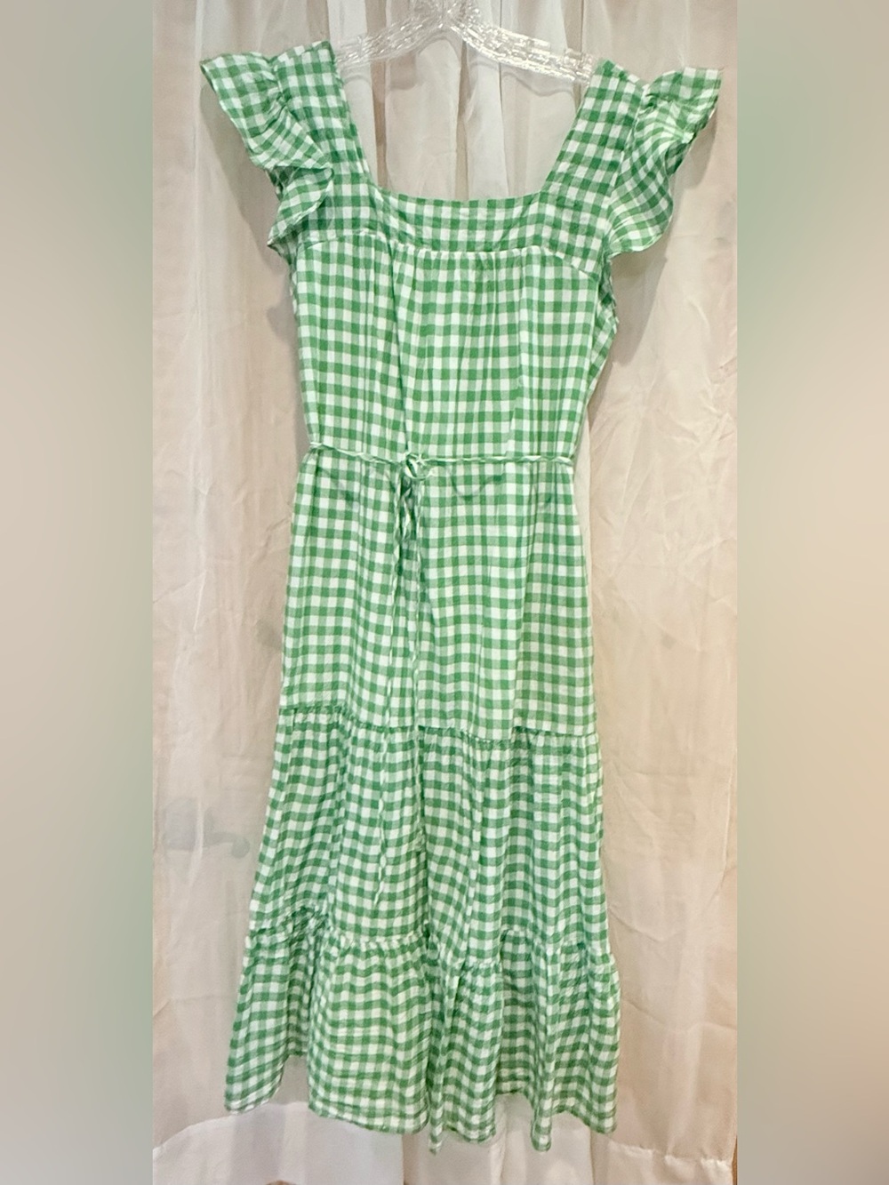 Draper James Green Gingham Tie-Waist Maxi Dress with Ruffle Sleeves